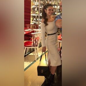 MAJORELLE Cream Off-Shoulder Midi Dress